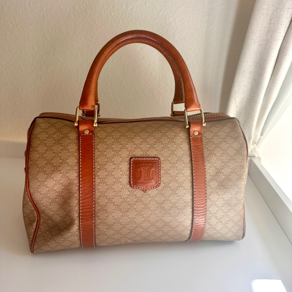 Celine Macadam Boston Bag in Beige and Brown Leather Trim Top Handle